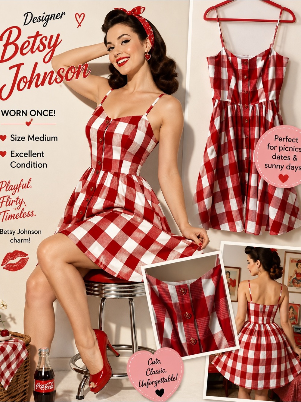 Betsey Johnson Red & White Gingham Fit-and-Flare Sundress - Picture 1 of 5